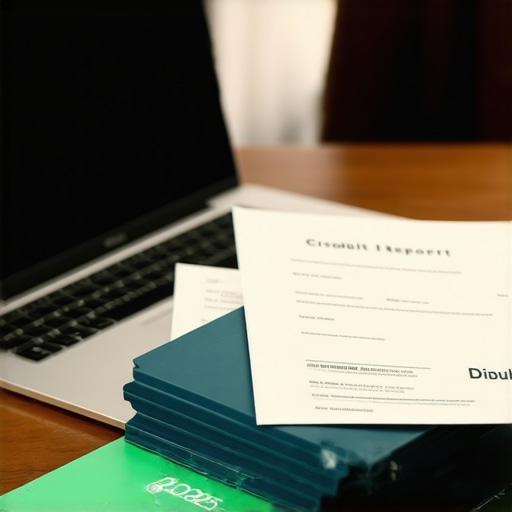 A desk with a laptop and certified mail receipts for credit dispute tracking