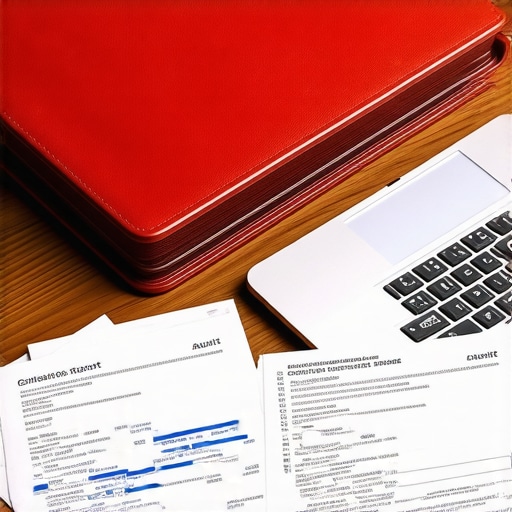 A physical filing system for credit dispute documents and certified mail receipts next to a laptop.