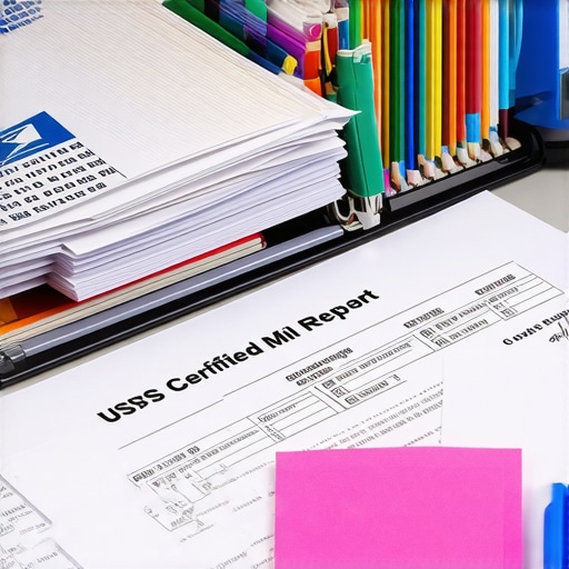 A physical binder with certified mail receipts and credit dispute documents on a desk.