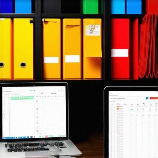 A desk with a laptop showing a credit tracking spreadsheet and a physical binder with folders.