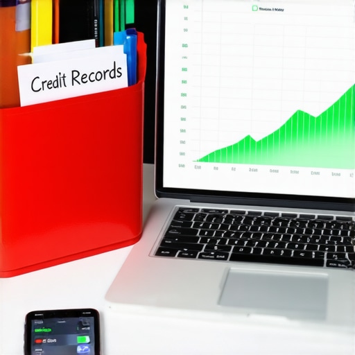 A desk with credit tracking tools and a red file folder for records