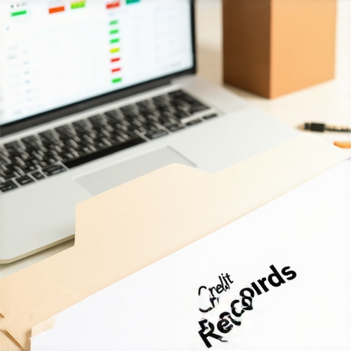 Organized Credit Maintenance Tools A desk with credit tracking software and a physical file folder for credit records
