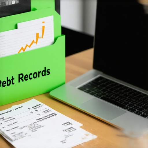 A desk with a laptop showing credit growth and physical files for debt validation records.