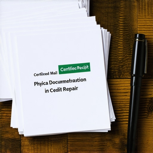 A desk with credit dispute letters and certified mail receipts for credit repair.