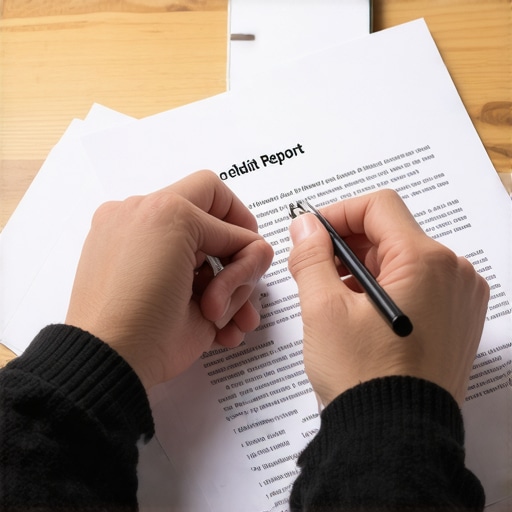 Hands organizing paperwork and highlighting details on a physical credit report document