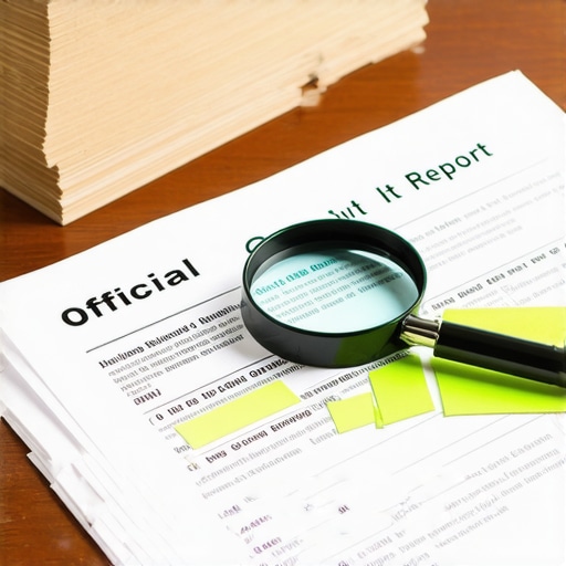 A magnifying glass resting on a credit report with highlighted dates and paper files on a desk
