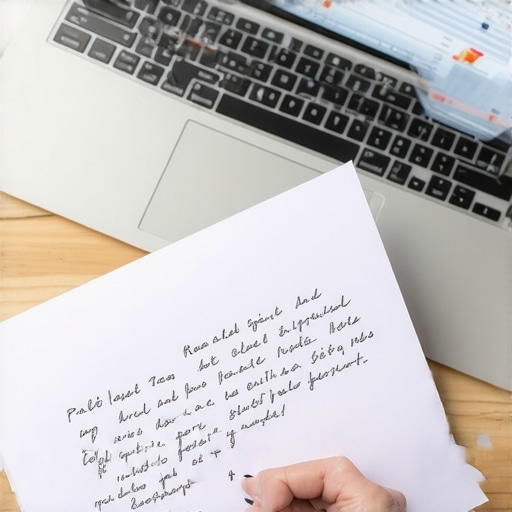 A handwritten credit dispute letter on a desk next to a computer screen showing an automated rejection.