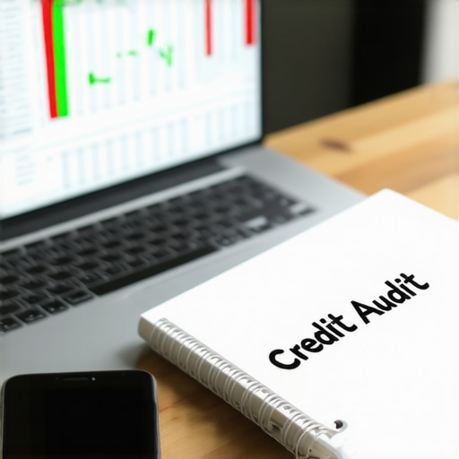 A workspace showing a laptop with credit tracking spreadsheets and a notebook labeled Credit Audit.