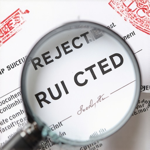 Close up of credit report dispute documents with a magnifying glass and rejection stamps