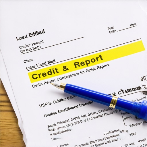 A credit report with highlights and certified mail paperwork on a desk.