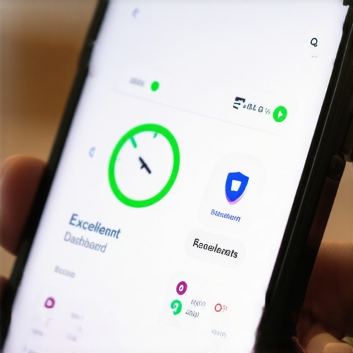 Mobile dashboard showing an 800 plus credit score and security features.
