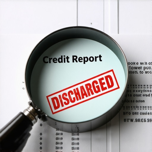 A magnifying glass examining a credit report next to a bankruptcy discharge order.