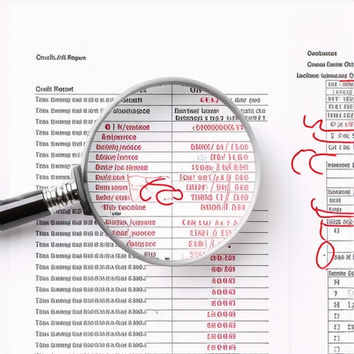 A magnifying glass highlighting specific errors on a credit report document.