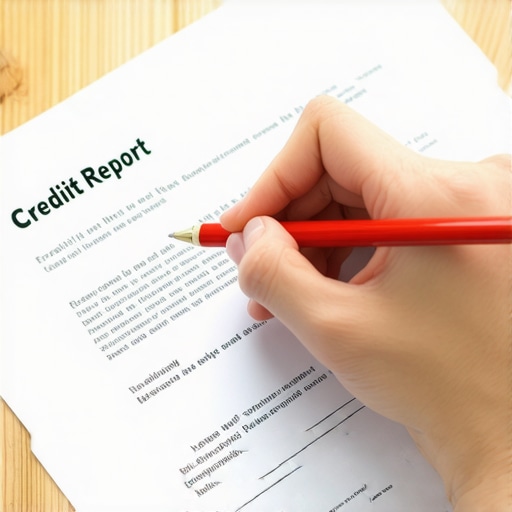 A person auditing a credit report for errors with a red pen