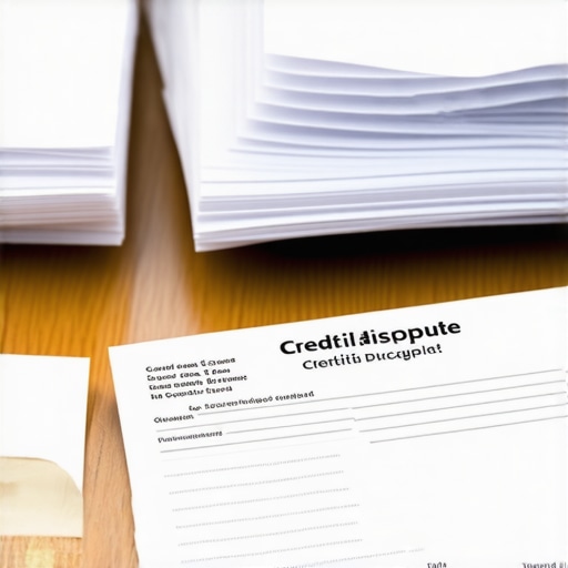 A stack of credit dispute documents and a certified mail receipt on a desk.