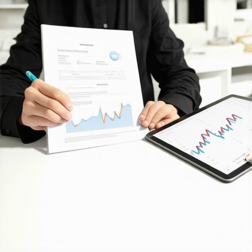 A person auditing a credit report at a desk with a rising score graph on a tablet.