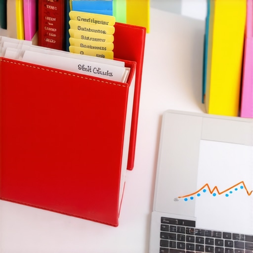 A physical credit war chest binder and a laptop used for maintaining a high credit score.