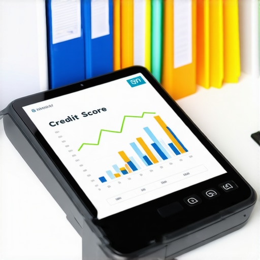 Document scanner and tablet with credit score graph on a professional desk for credit maintenance.