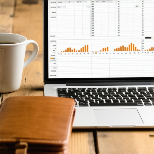 A laptop screen displaying a detailed credit score tracking spreadsheet with graphs and charts.