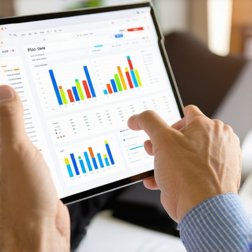 Hands analyzing credit score data on a tablet with financial spreadsheets.