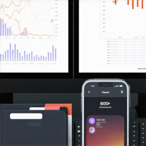 Professional Credit Monitoring Tools and Documentation A desk with credit score graphs on monitors and a smartphone showing high credit score results