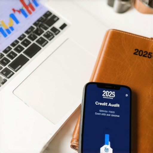 Professional Credit Monitoring Tools for 2025 A desk setup showing a laptop with credit charts and a phone displaying a high credit score.