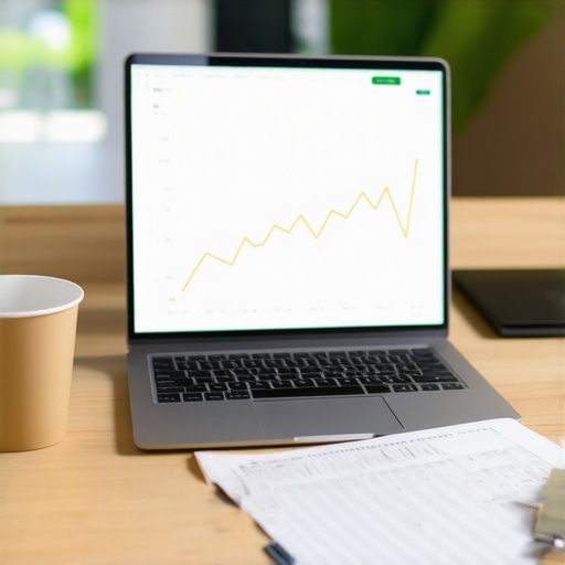 Professional Credit Monitoring Workspace A laptop showing credit score growth and financial planning tools on a desk.