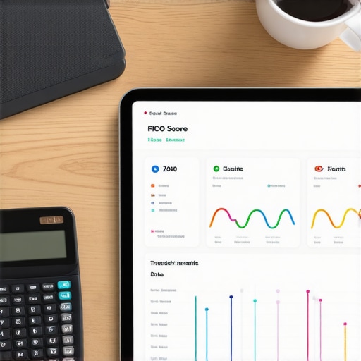 Tablet displaying FICO score versions and trended data analysis for mortgage preparation.