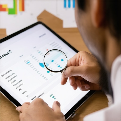 A person using a tablet to analyze credit report data fields for errors.