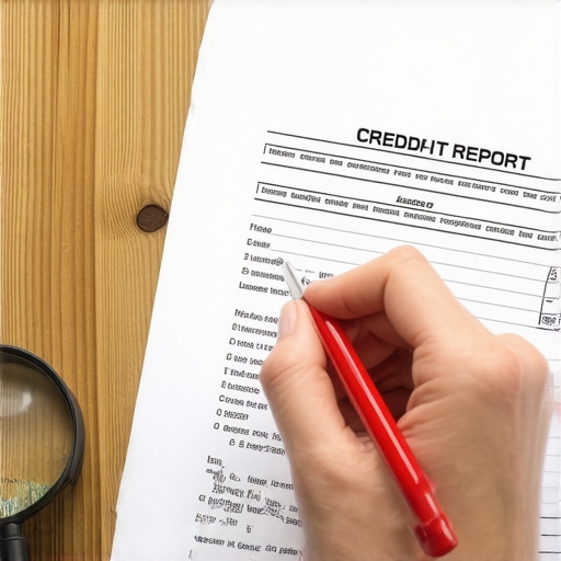 Hands auditing a paper credit report with a red pen and magnifying glass to find errors.