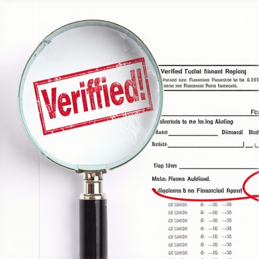 A magnifying glass focusing on a credit report with a verified stamp and red corrections.