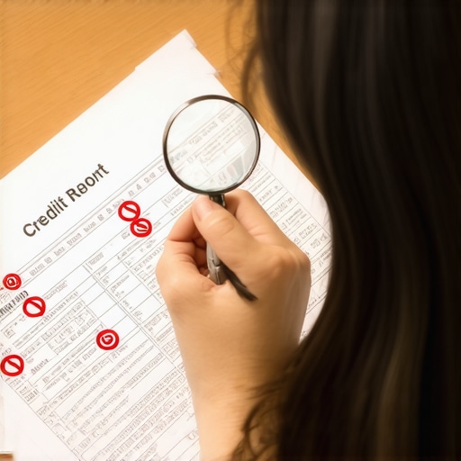 A detailed credit report being audited with a magnifying glass to find errors and discrepancies.