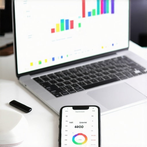 A desk with a laptop displaying a credit tracking spreadsheet and a high credit score on a phone screen.