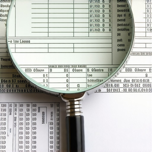 A person using a magnifying glass to inspect a credit report for errors.