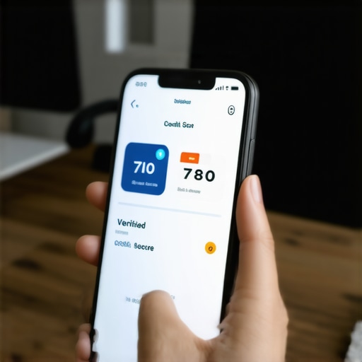 A smartphone displaying a high FICO credit score on a modern financial app
