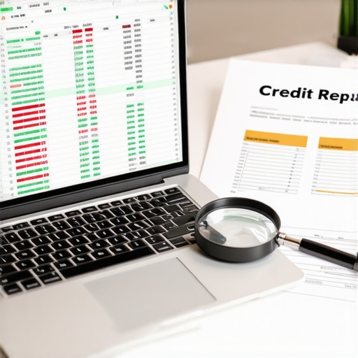 An organized desk featuring a credit audit spreadsheet and magnifying glass for long-term credit maintenance.