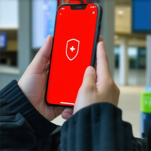 Person checking a mobile credit security alert for a fraudulent transaction at an airport.