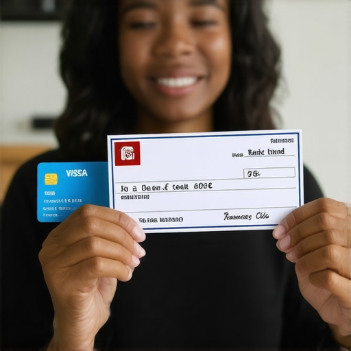 A person holding a bank refund check and a credit card