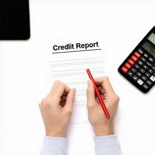 Hands using a red pen to audit a credit report for errors and disputes.