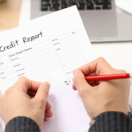 A person using a red pen to mark specific items on a printed credit report while sitting at a desk.