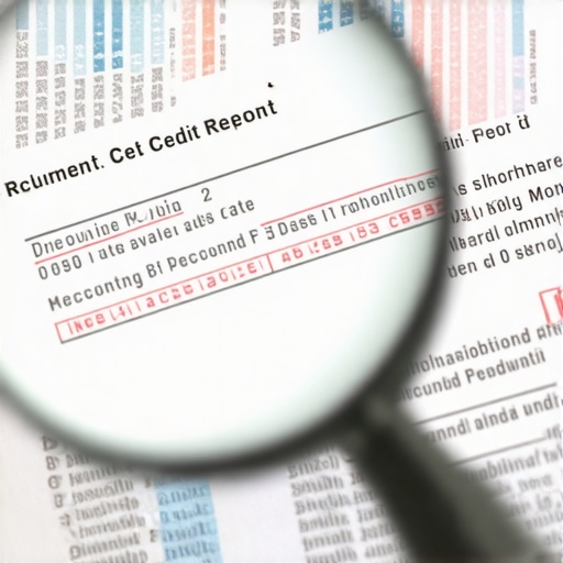 Close-up of a credit report under a magnifying glass showing complex data points