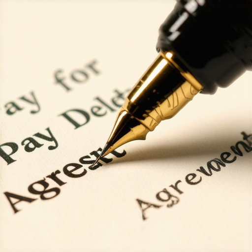 A close-up of a legal document for a pay-for-delete agreement being signed.