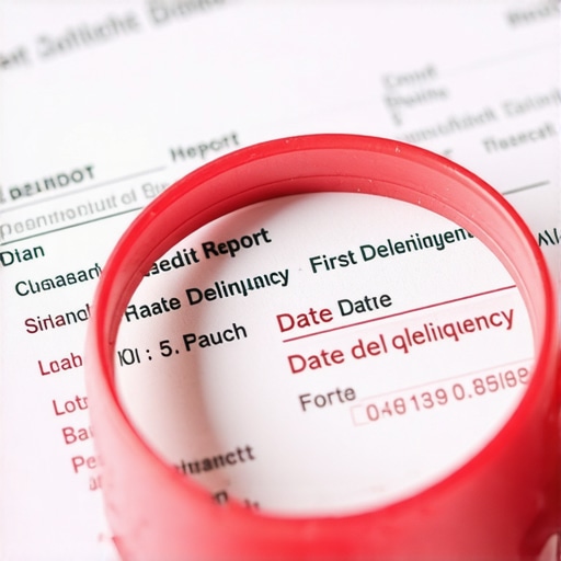 Magnifying glass over a credit report highlighting a re-aged debt date.