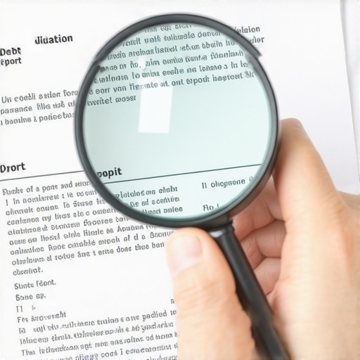 Close-up of magnifying glass over credit report showing debt validation process
