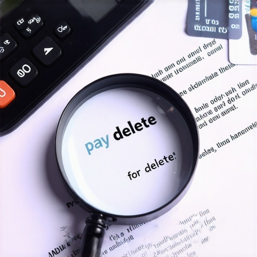 A magnifying glass highlighting a pay for delete agreement to emphasize credit repair strategies.