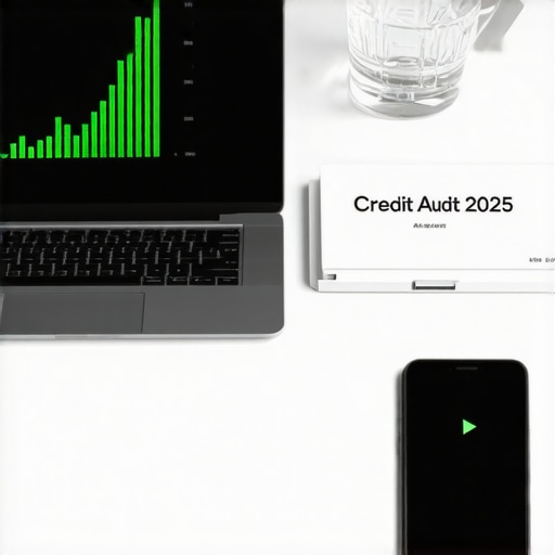 Organized desk with laptop and credit audit folder representing long-term credit management.