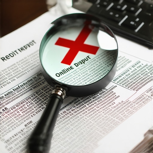 A laptop screen showing a rejected online credit dispute next to a magnifying glass and paper credit report.