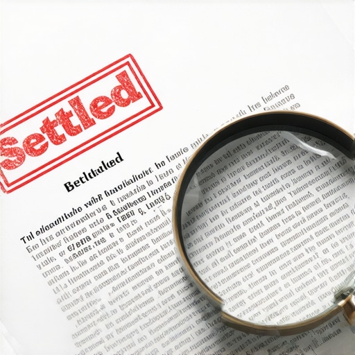 A magnifying glass examining a settled debt document to illustrate credit reporting nuances.