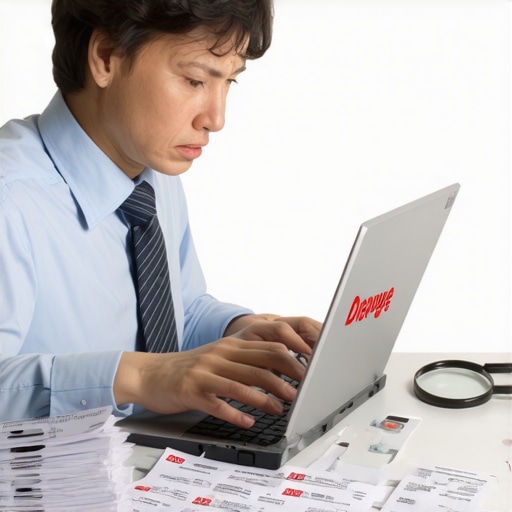 A person looking frustrated at a denied credit dispute on a laptop screen.
