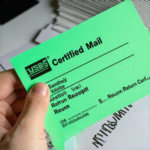 A person holding a green certified mail return receipt card to prove delivery of a debt dispute letter.